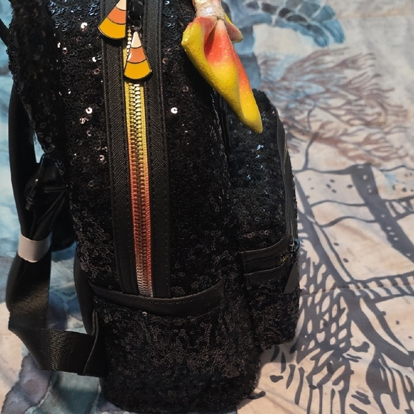 Loungefly Black Sequin Backpack with Yellow and Orange Bow - Picture 4 of 7